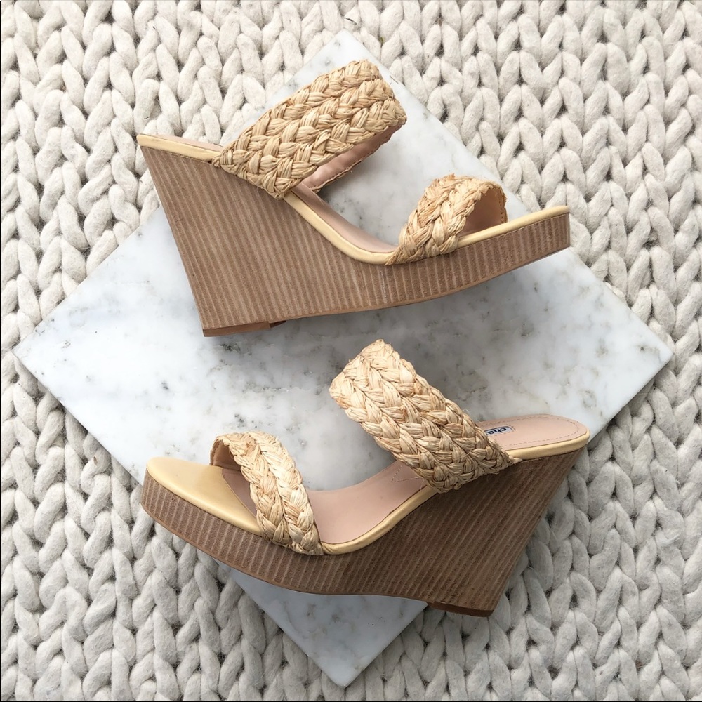 Woven Straw Double-Band Wedge Sandals - Beige